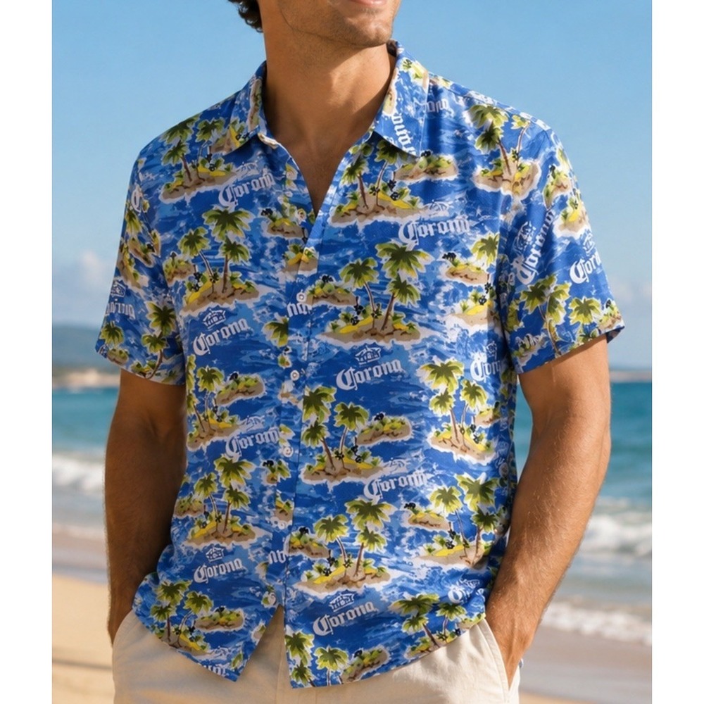 Corona Extra Tropical Island Button-Up Hawaiian Shirt  Mens M Palm Trees Beer